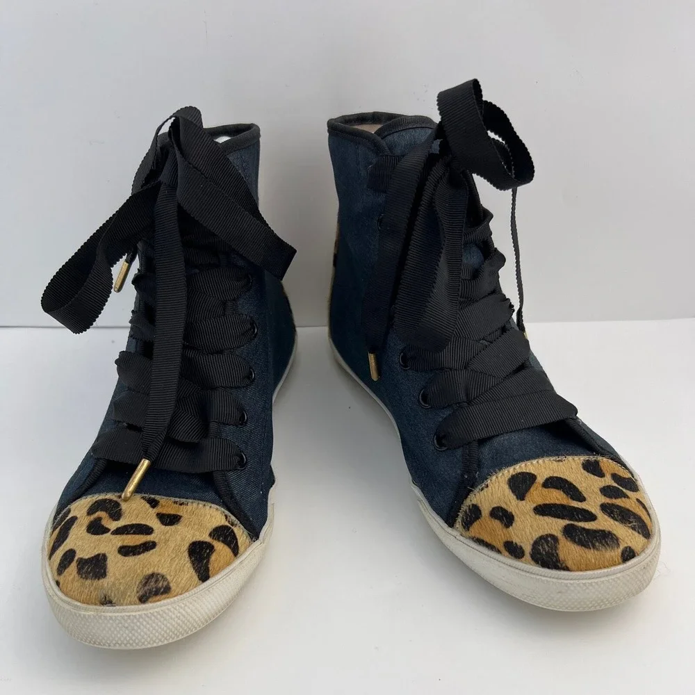 Kate Spade High Top Sneakers Navy Denim Leopard Calf Hair Womens Size 8M